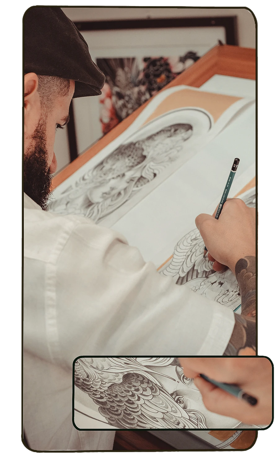 Denis Vazios desenhando a lápis na prancheta, estudo oriental em grafite