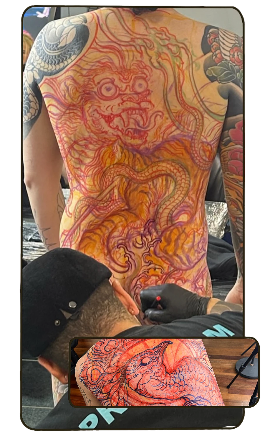 Freehand desenhado direto na pele: costas inteiras com criatura oriental a marcador