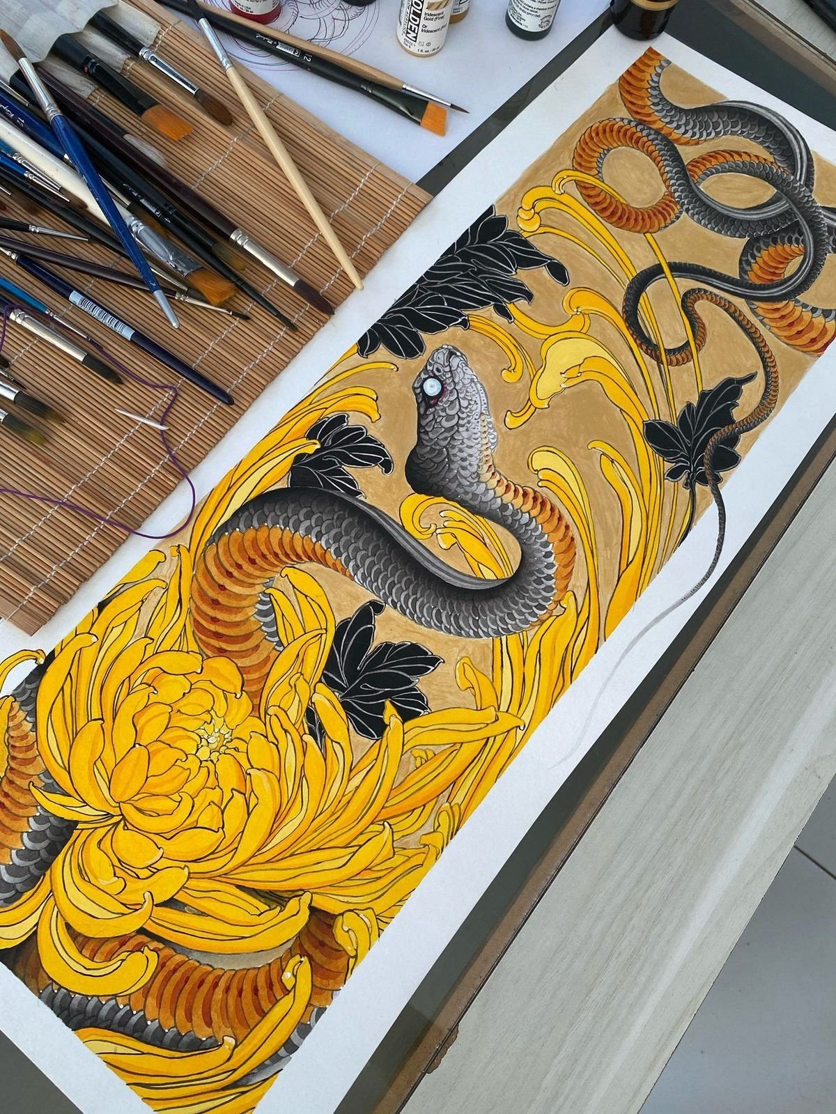 Pintura original de serpente e flores de Denis Vazios