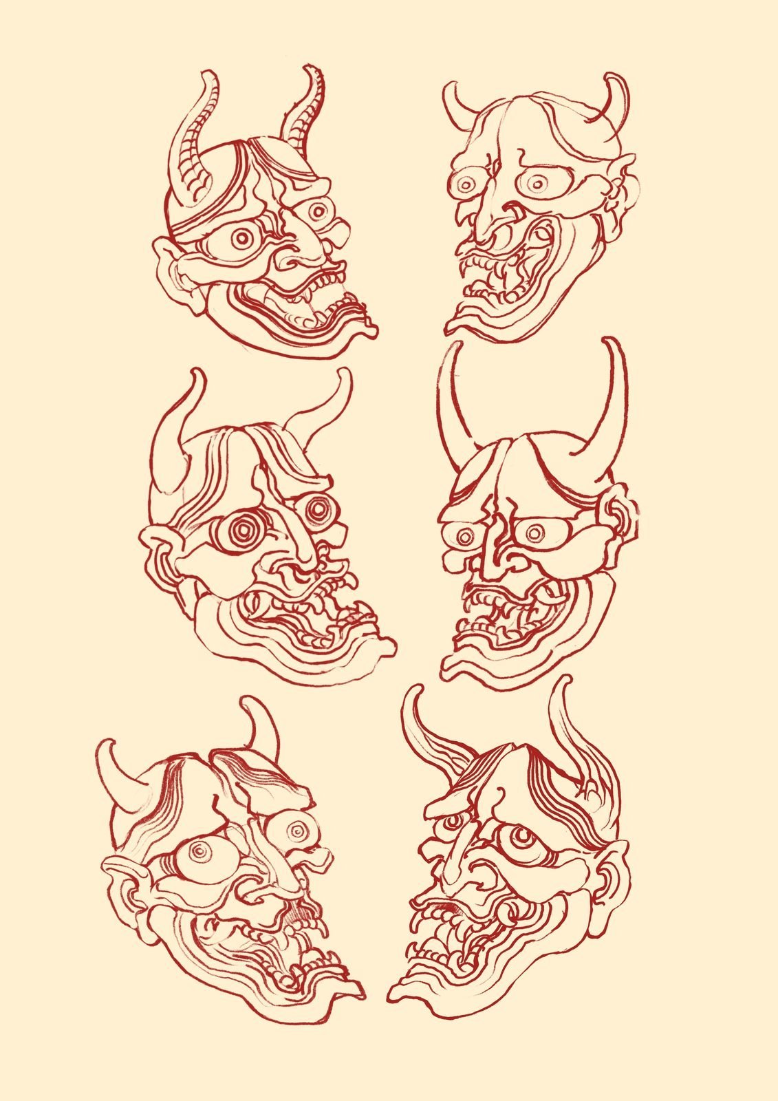Início: folha de estudos de máscara hannya a lápis