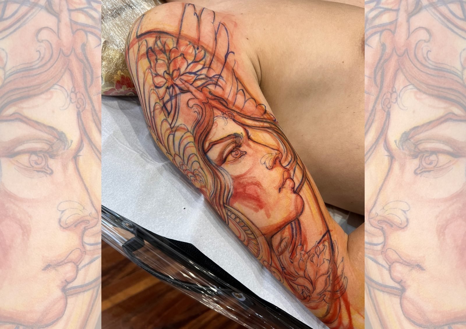 Desenho de dama em freehand ajustado ao braço antes da tatuagem