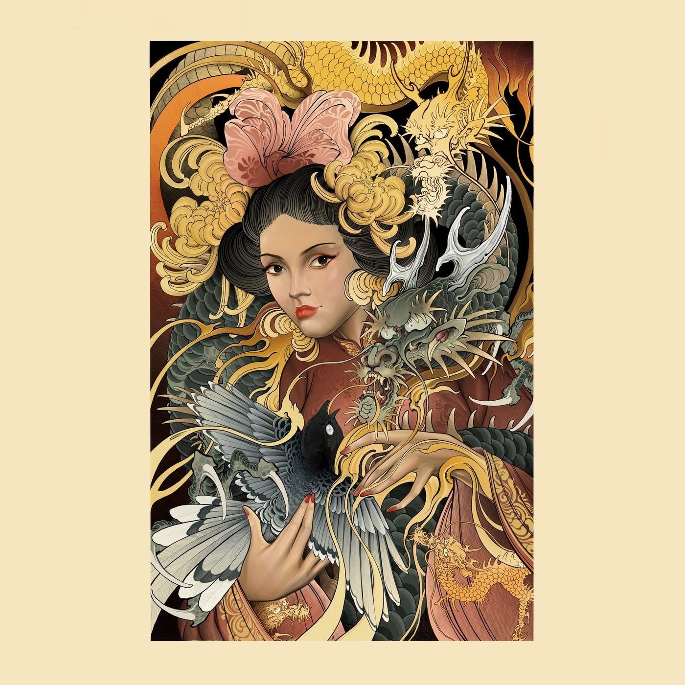 Pintura: gueixa com dragões, ouro e jade