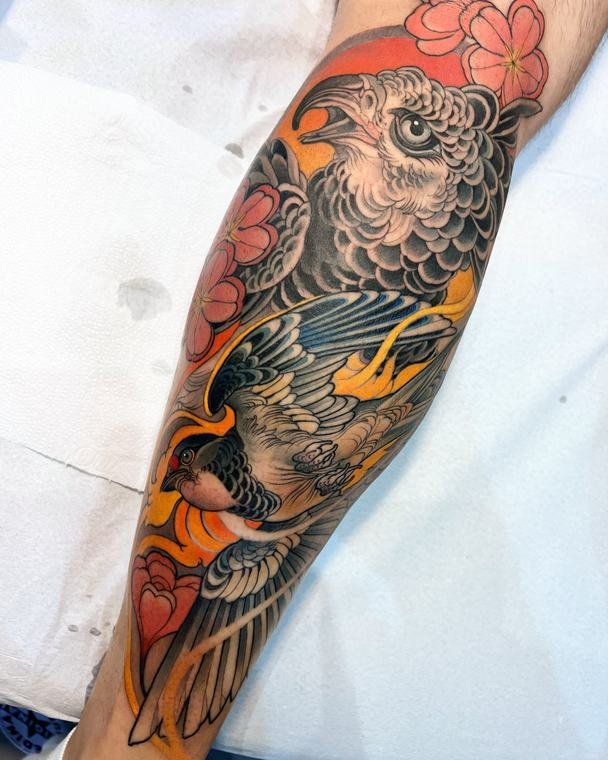 Coruja e carpa, tatuagem de Denis Vazios