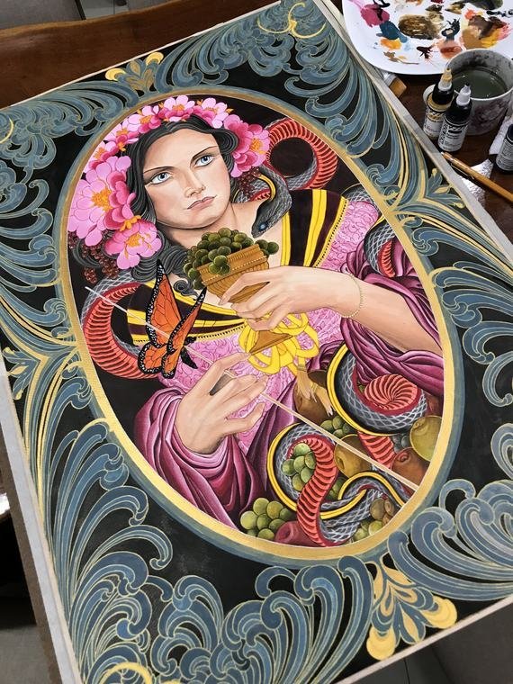 Dama e serpente, pintura original em tondo de Denis Vazios