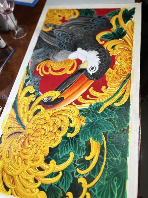 Ave e crisântemo, pintura original de Denis Vazios